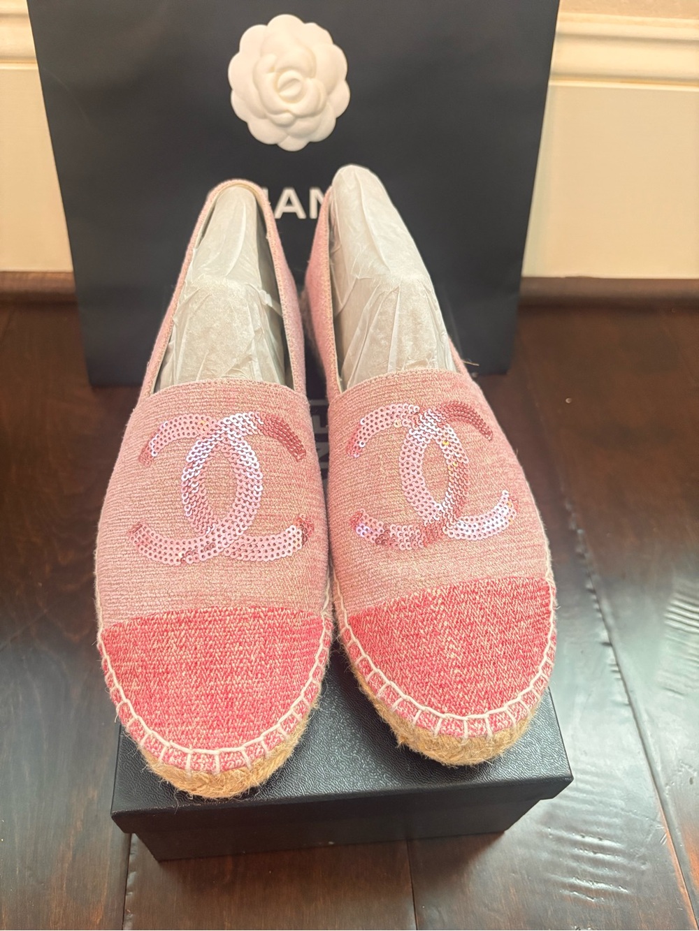 CHANEL Pink Sequin CC Espadrille Flats with Coral Toe Cap